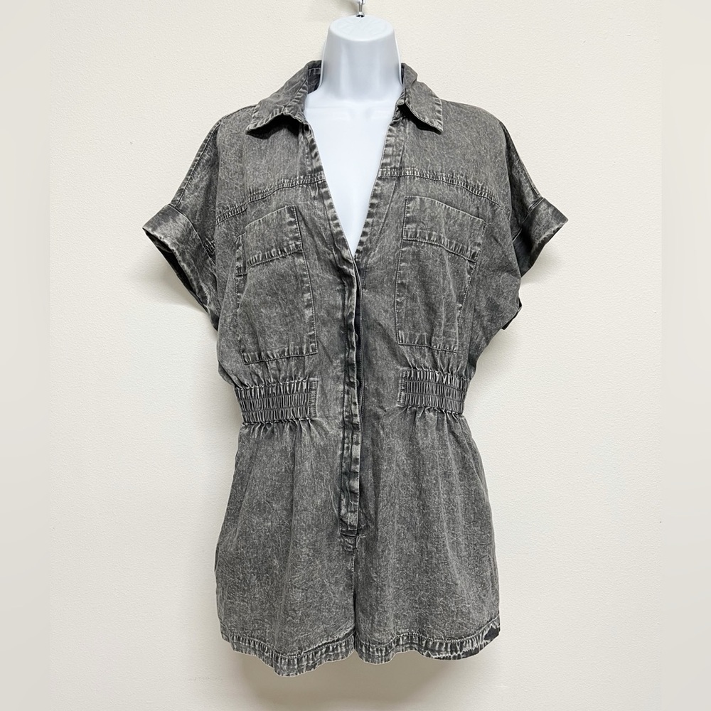 Elan Womens Gray Wash Teddie Short Sleeve Button Up Short Romper Size S - Picture 3 of 8